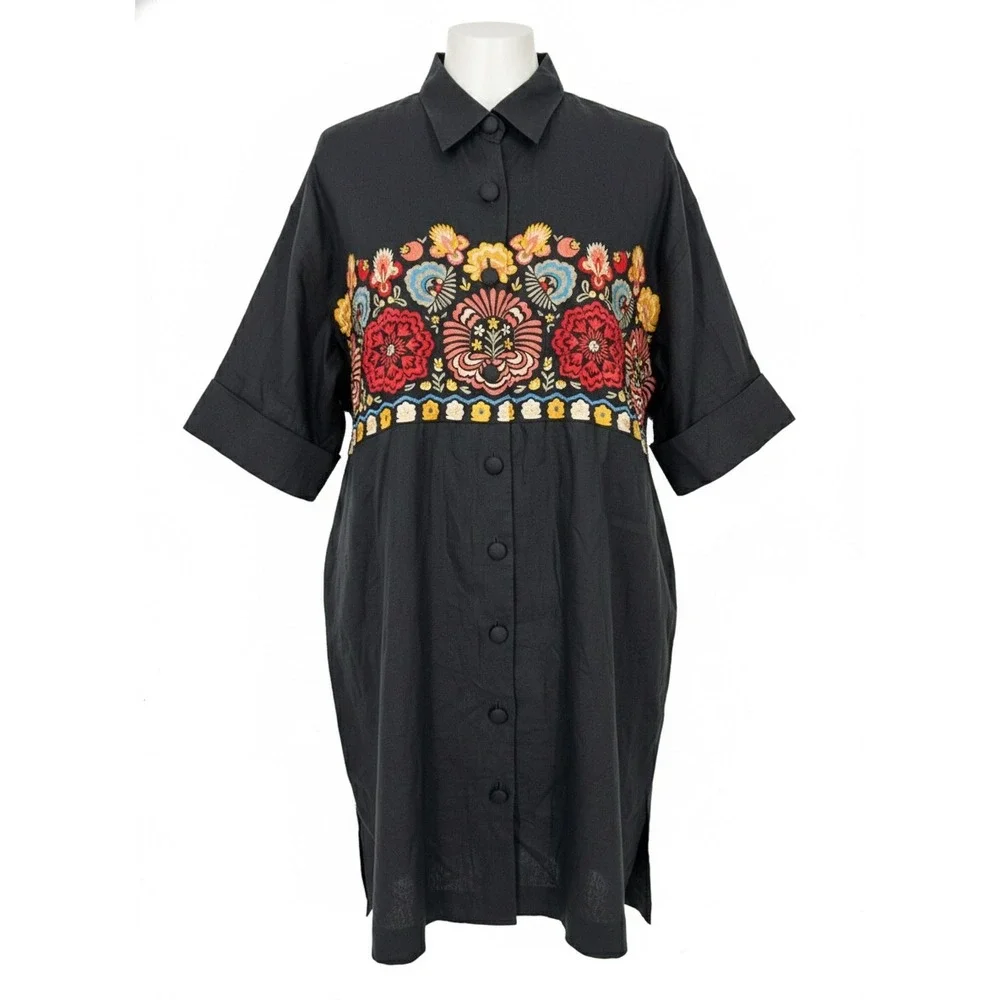 Andrea Jovine Black Linen Embroidered Floral Shirt Dress Tunic Size 14 - CJ - Picture 1 of 8